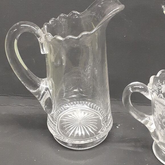 4 pc. bundle Fostoria Cambridge etched crystal creamer sugar, pitcher, dish - Picture 3 of 15